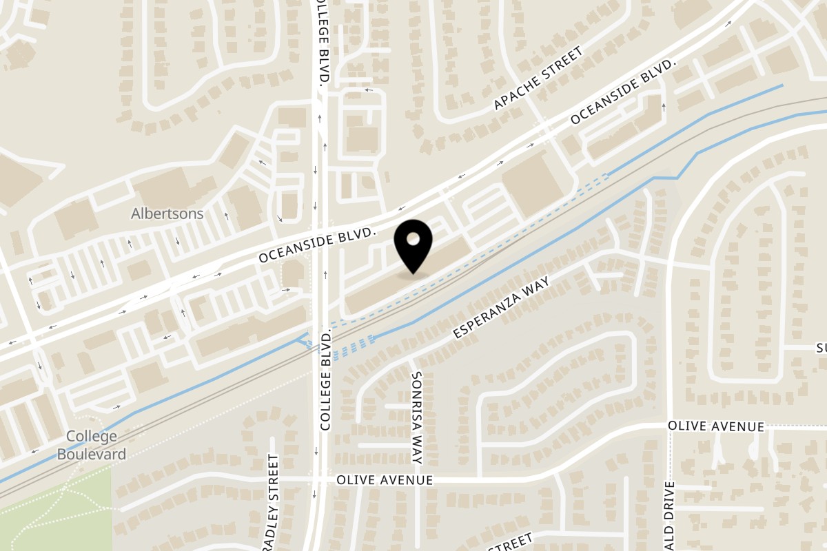 Map showing the location of One Love Island Cuisine on 4225 Oceanside Boulevard in Oceanside